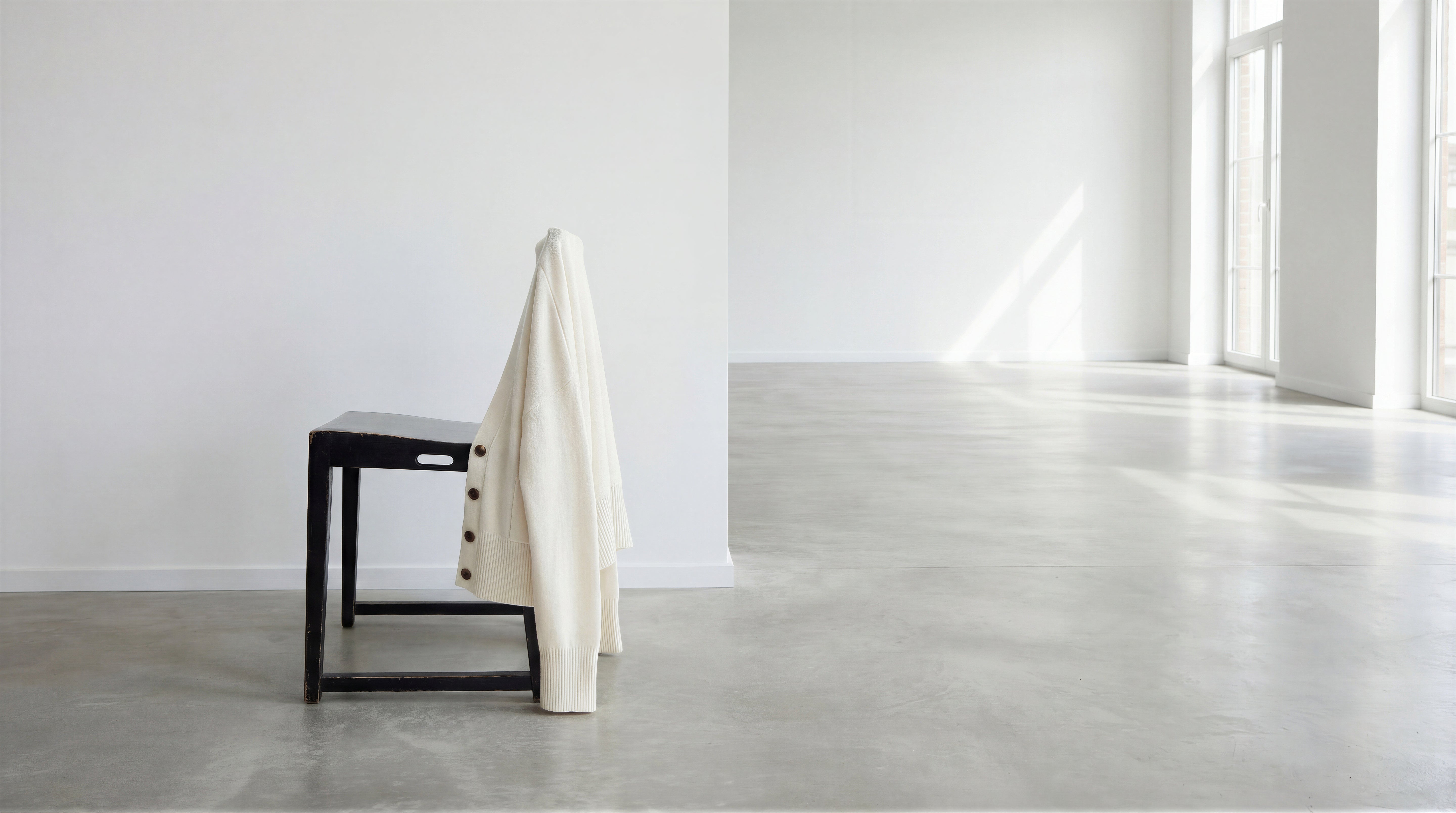 White cashmere cardigan draped over a black chair in a minimalistic room with concrete floor and large windows.